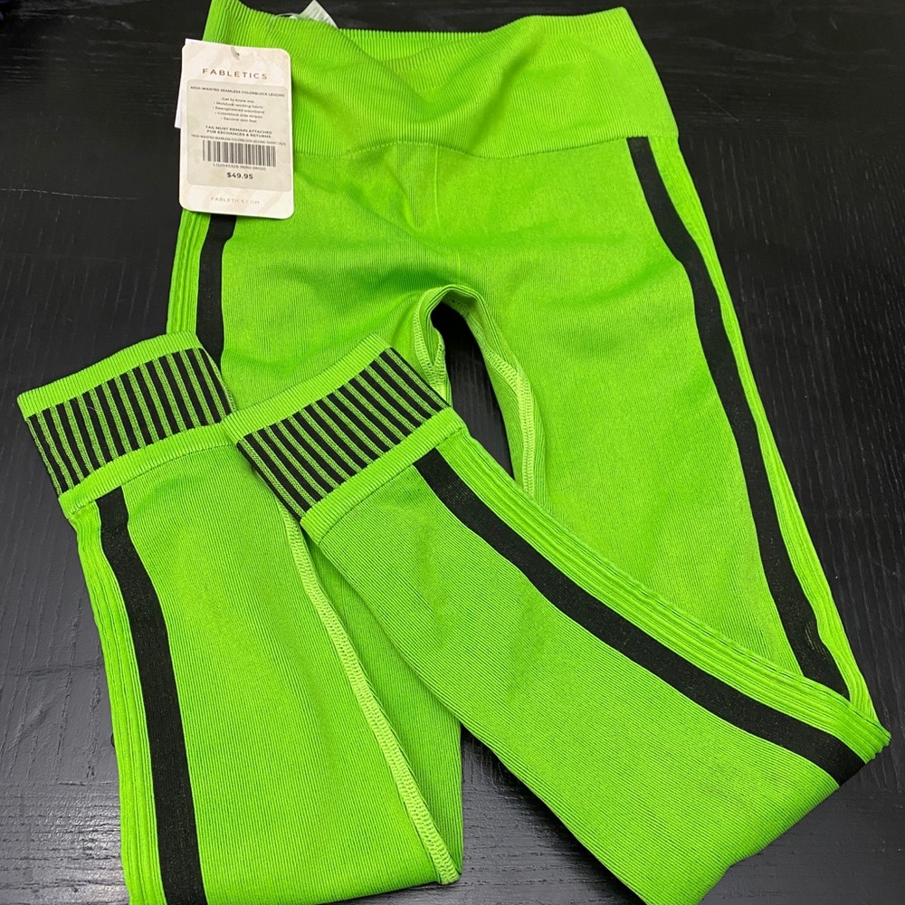Fabletics Neon Green Leggings with Black Stripes